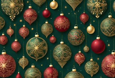 The primary subject of the image is a collection of Christmas ornaments, which are displayed on a green background. The ornaments are of various shapes and sizes, and they are arranged in a visually appealing manner. The overall atmosphere of the image is festive and joyful, as it captures the essence of the holiday season.